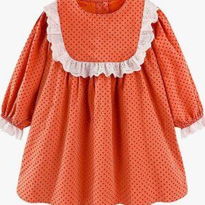 Mud Kingdom Little Girls Orange Dress Lace Trim Dots A-Lined Casual Size 6-7